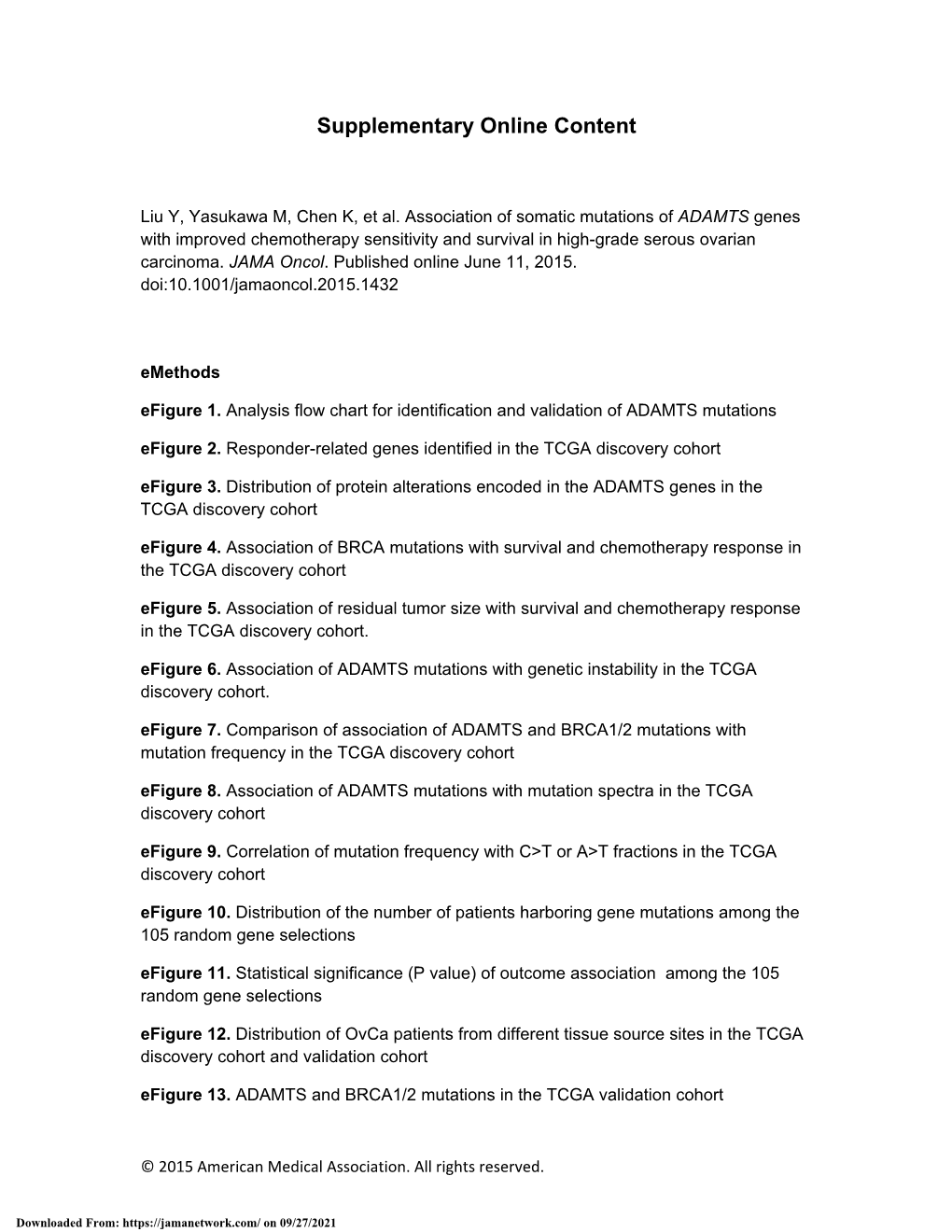 Association of Somatic Mutations of ADAMTS Genes with Improved Chemotherapy Sensitivity and Survival in High-Grade Serous Ovarian Carcinoma