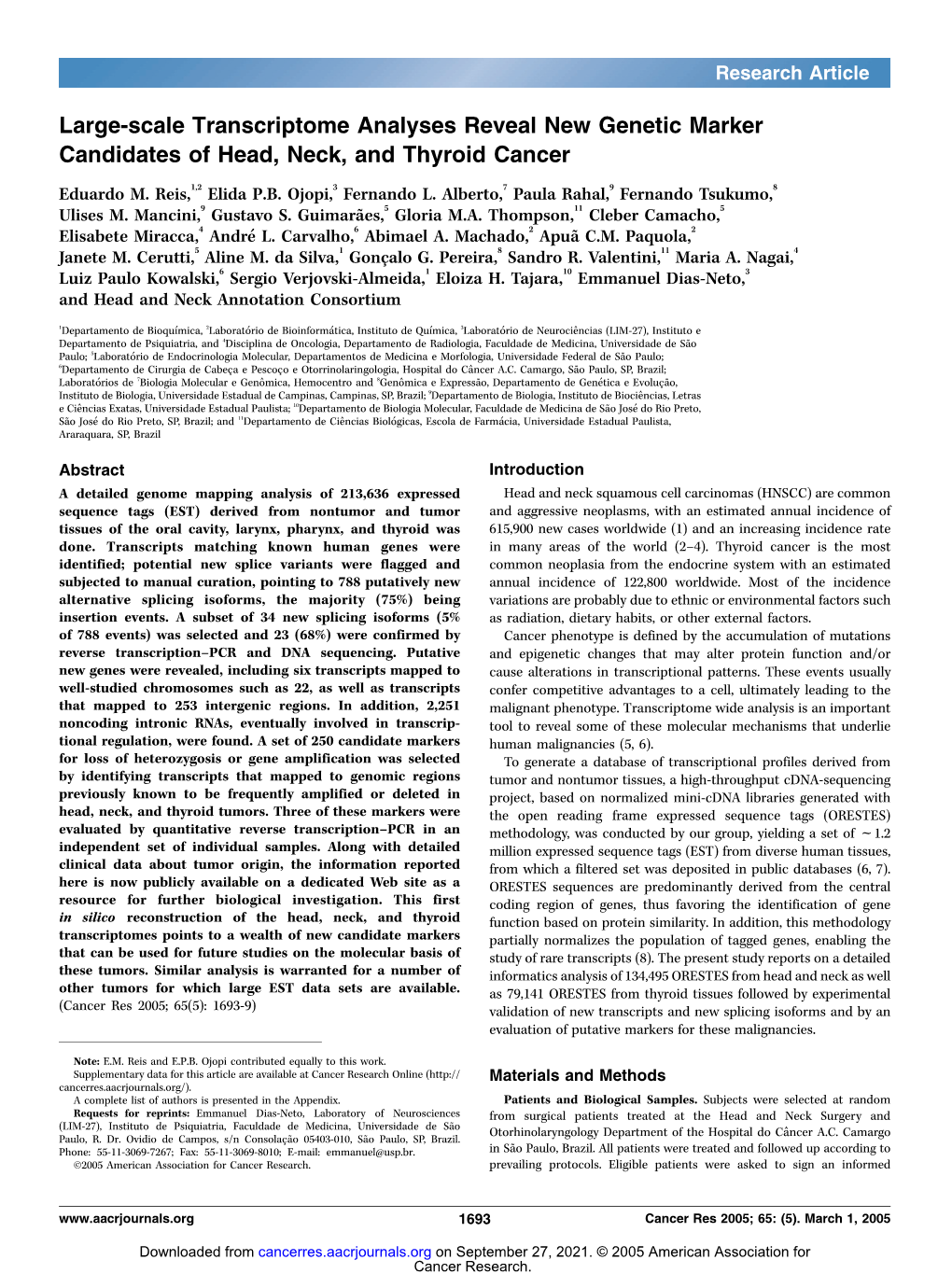 Large-Scale Transcriptome Analyses Reveal New Genetic Marker Candidates of Head, Neck, and Thyroid Cancer