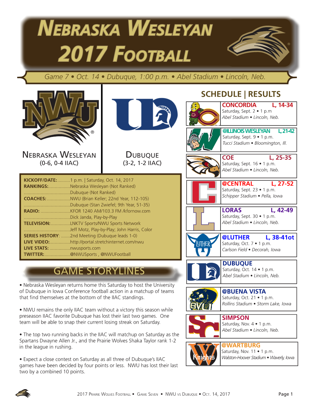 Nebraska Wesleyan 2017 Football Game 7 • Oct