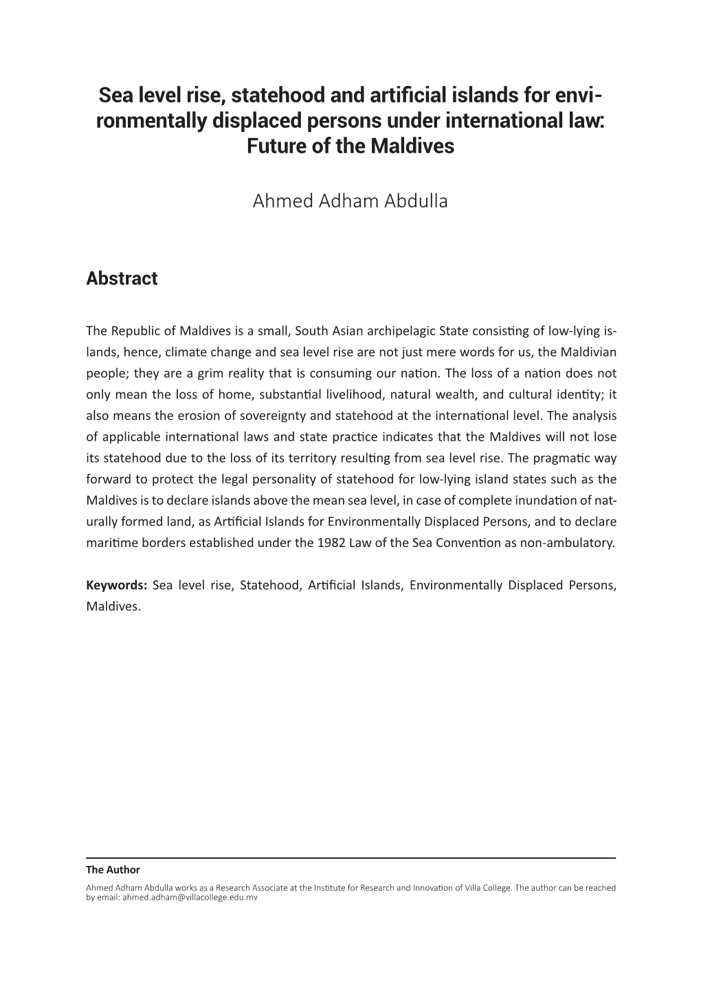 Ahmed Adham Abdulla Sea Level Rise, Statehood and Artificial Islands for Envi