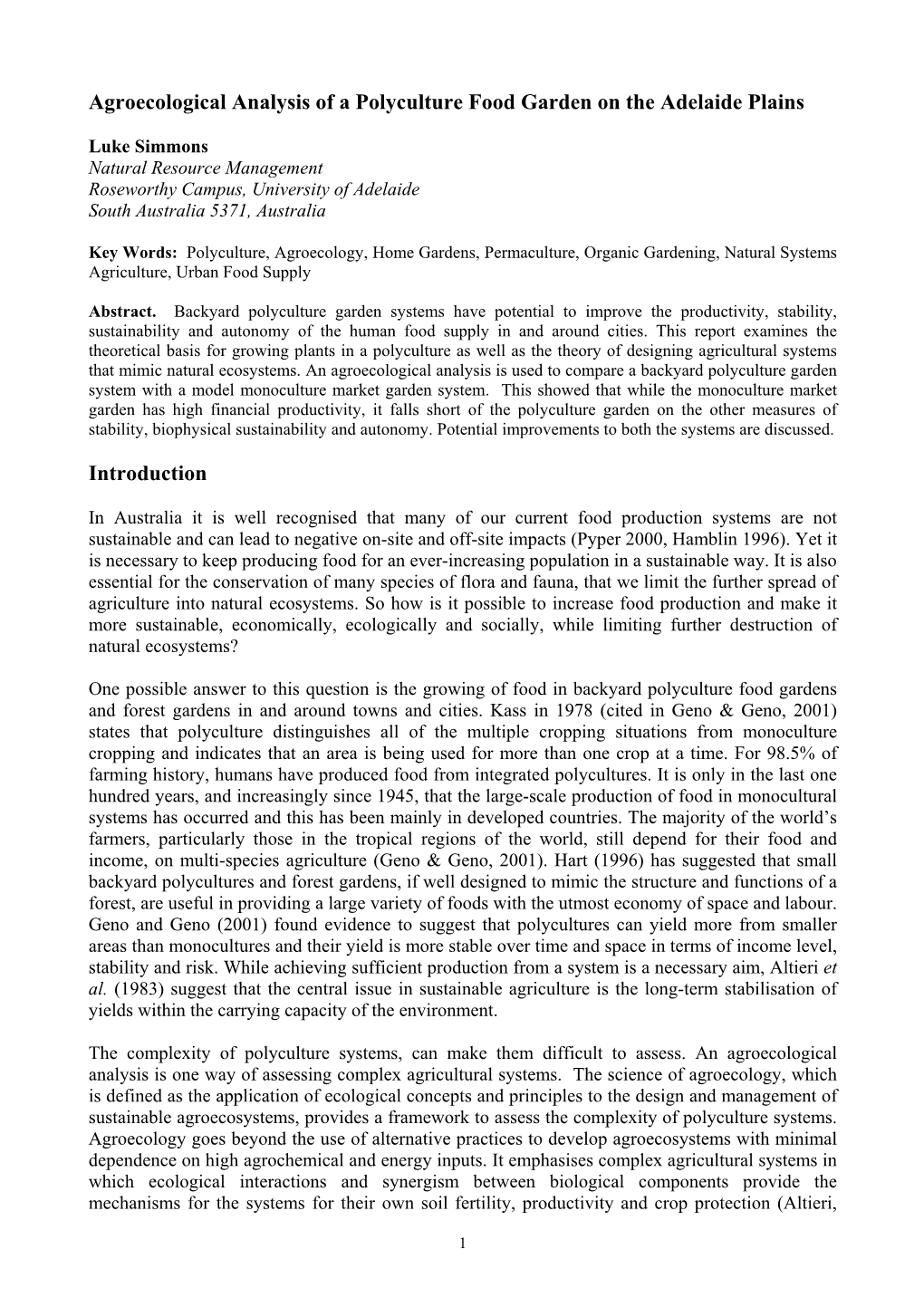 Agroecological Analysis of an Integrated Polyculture Food Garden