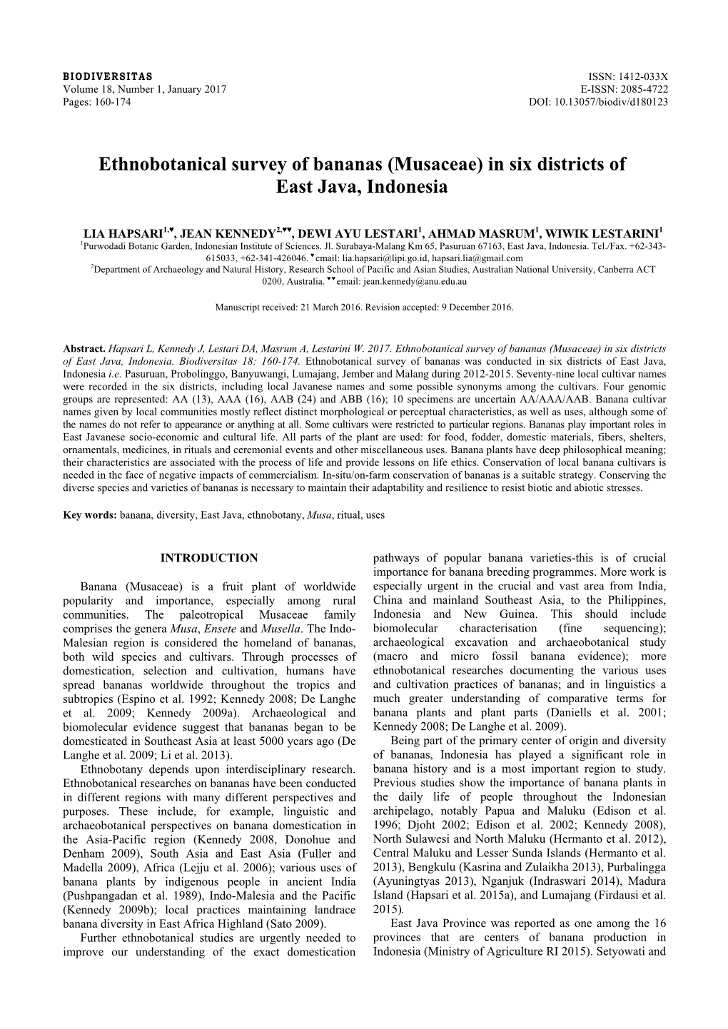 Ethnobotanical Survey of Bananas (Musaceae) in Six Districts of East Java, Indonesia