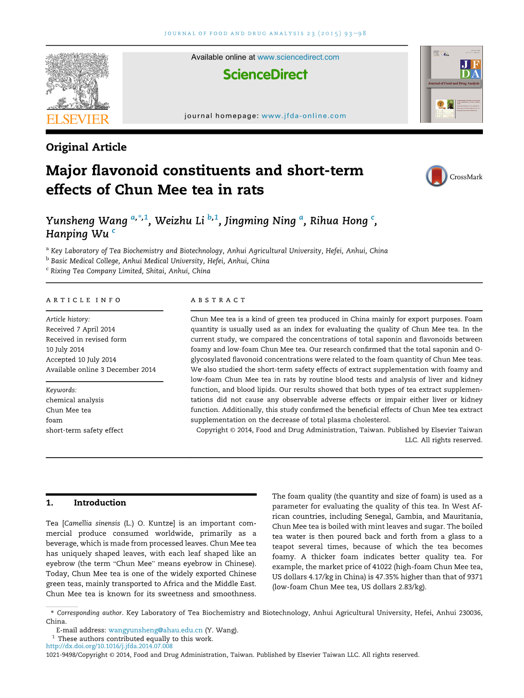 Major Flavonoid Constituents and Short-Term Effects of Chun Mee Tea