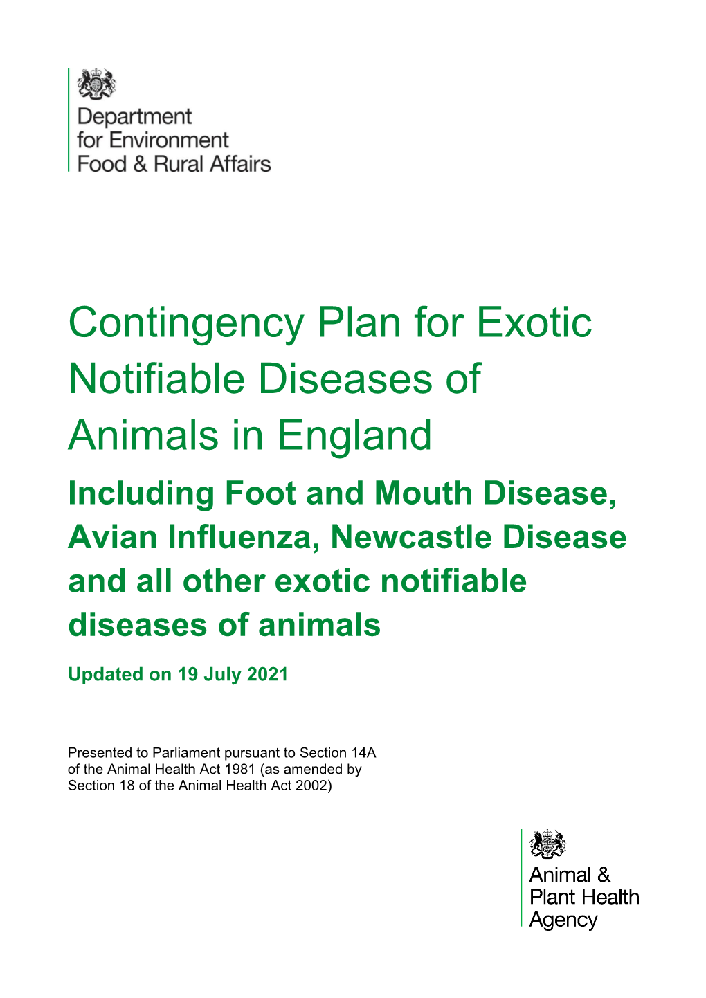 Contingency Plan for Exotic Notifiable Diseases of Animals in England