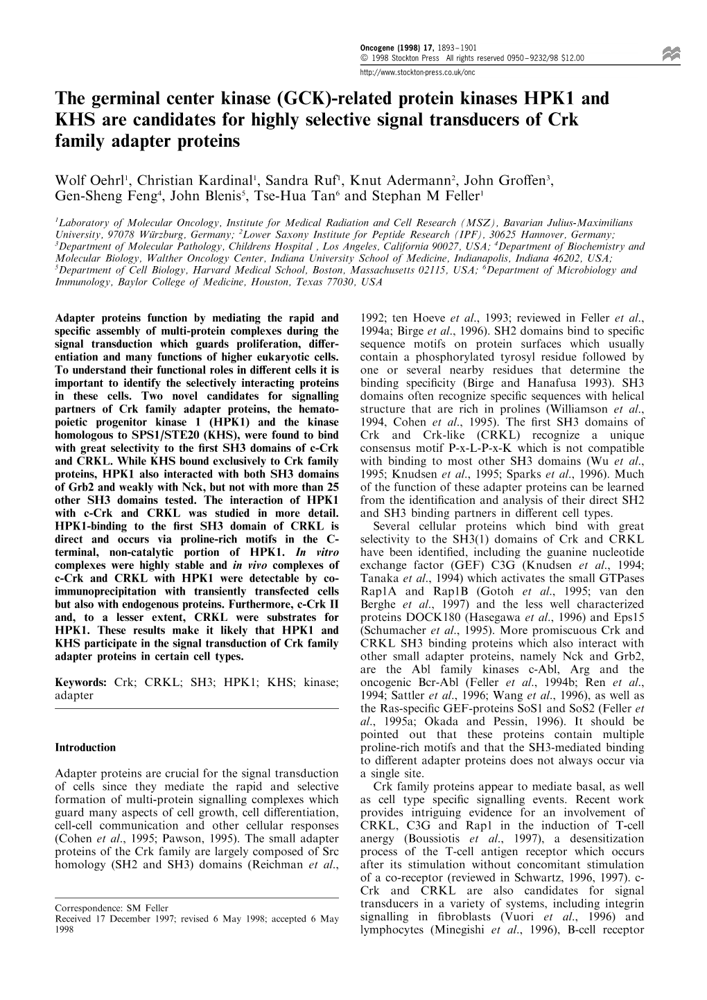 The Germinal Center Kinase (GCK)-Related Protein Kinases HPK1 and KHS Are Candidates for Highly Selective Signal Transducers of Crk Family Adapter Proteins