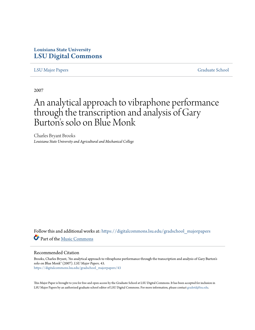 An Analytical Approach to Vibraphone Performance Through the Transcription and Analysis of Gary Burton's Solo on Blue Monk