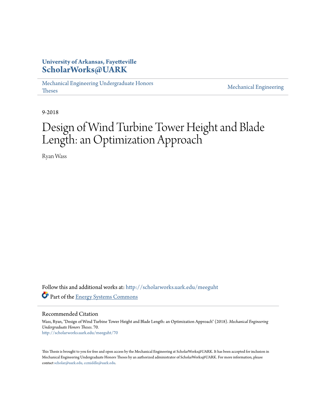 Design of Wind Turbine Tower Height and Blade Length: an Optimization Approach Ryan Wass