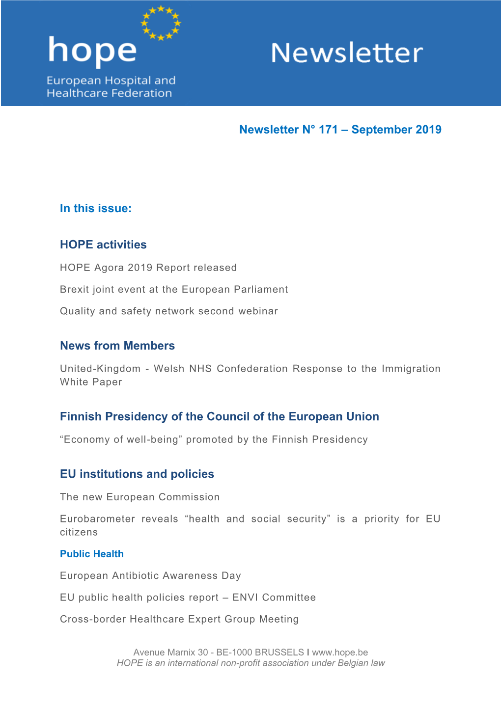 8 Newsletter N° 171 – September 2019 in This Issue: HOPE Activities