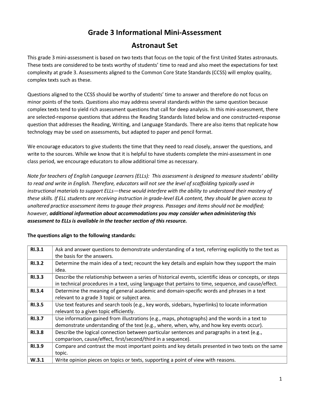 Grade 3 Informational Mini-Assessment Astronaut Set This Grade 3 Mini-Assessment Is Based on Two Texts That Focus on the Topic of the First United States Astronauts