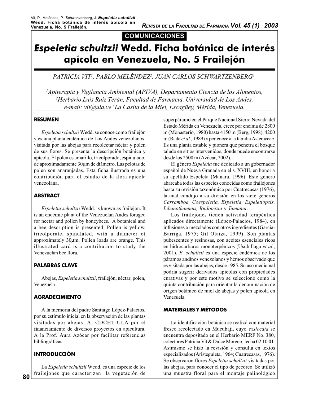 Espeletia Schultzii Wedd. Ficha Botánica De Interés Apícola En Venezuela, No