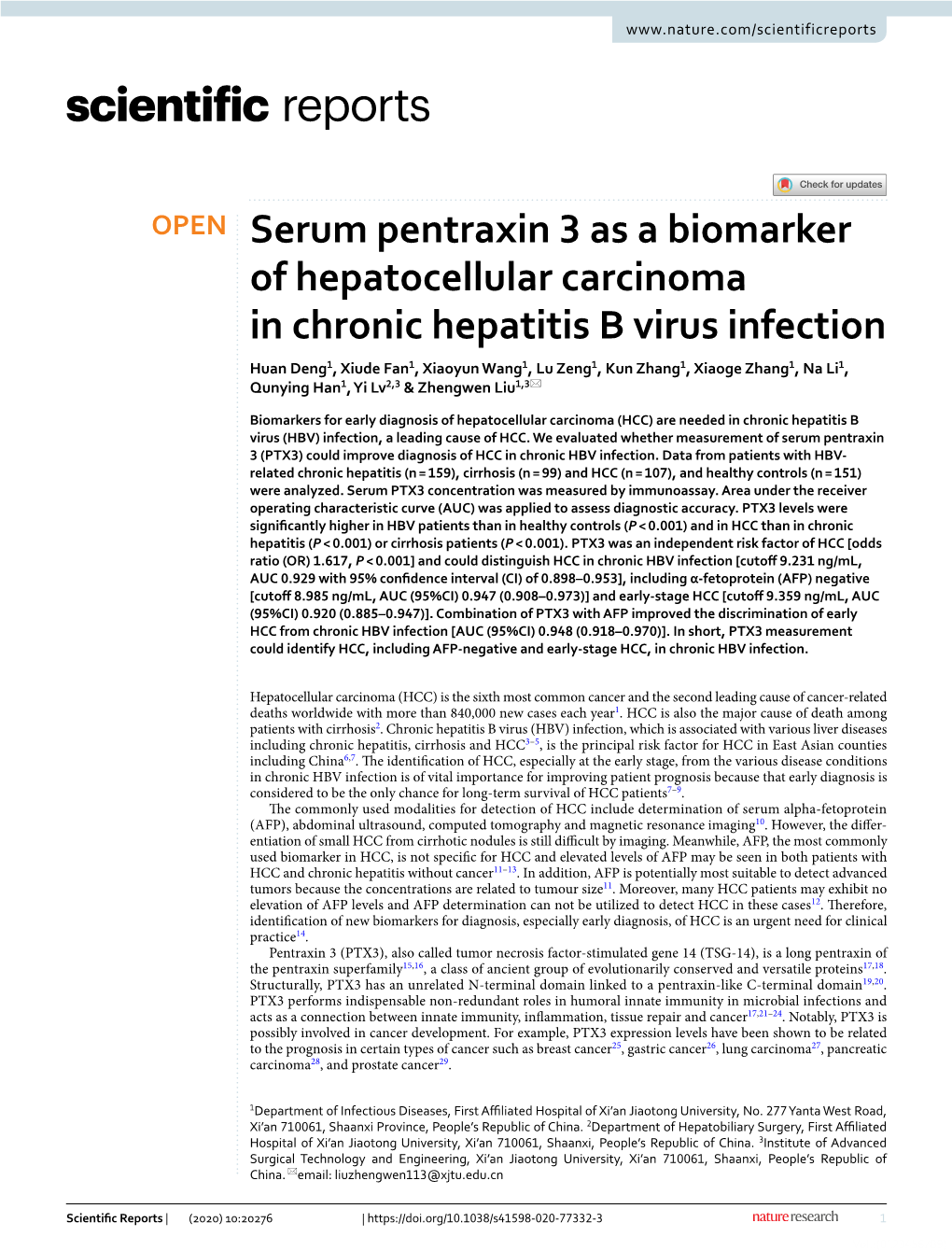 Serum Pentraxin 3 As a Biomarker of Hepatocellular Carcinoma in Chronic Hepatitis B Virus Infection