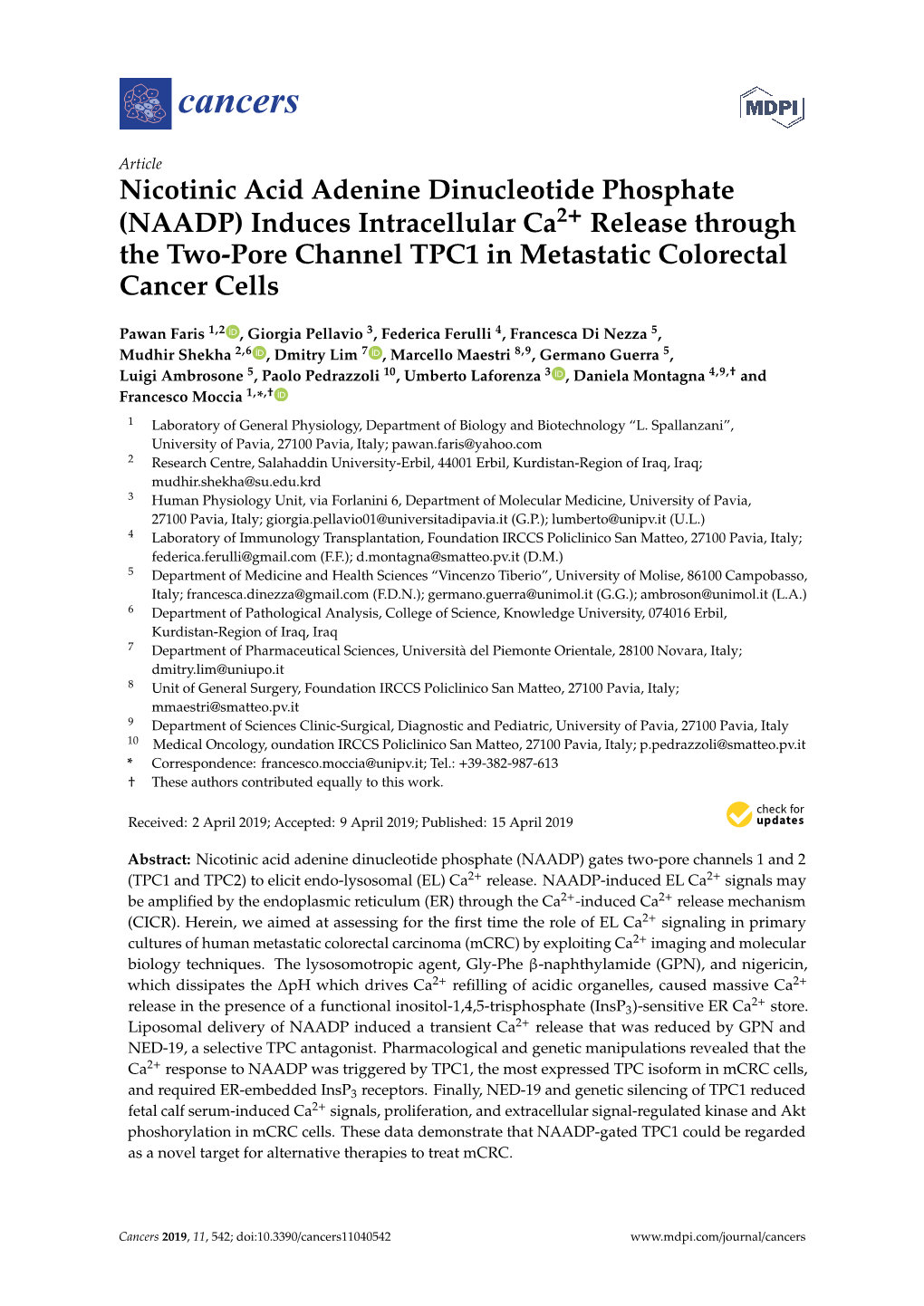 (NAADP) Induces Intracellular Ca2+ Release Through the Two-Pore Channel TPC1 in Metastatic Colorectal Cancer Cells