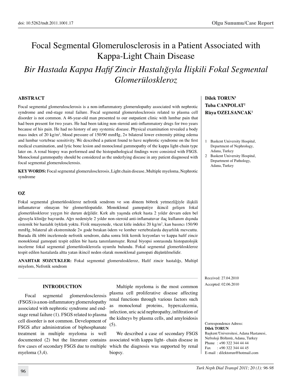 Focal Segmental Glomerulosclerosis in a Patient Associated with Kappa