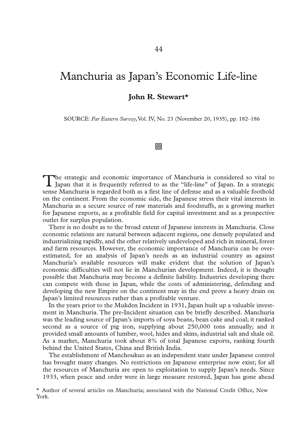 Manchuria As Japan's Economic Life-Line