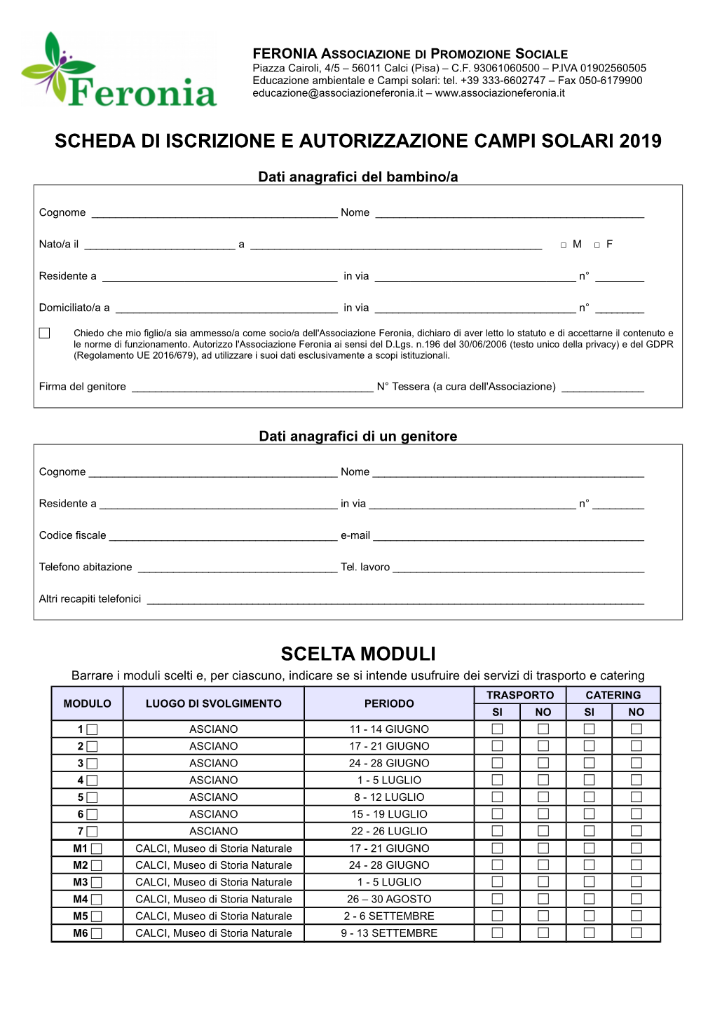 Scheda Di Iscrizione E Autorizzazione Campi Solari 2019