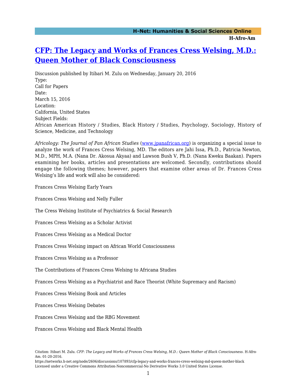 The Legacy and Works of Frances Cress Welsing, MD