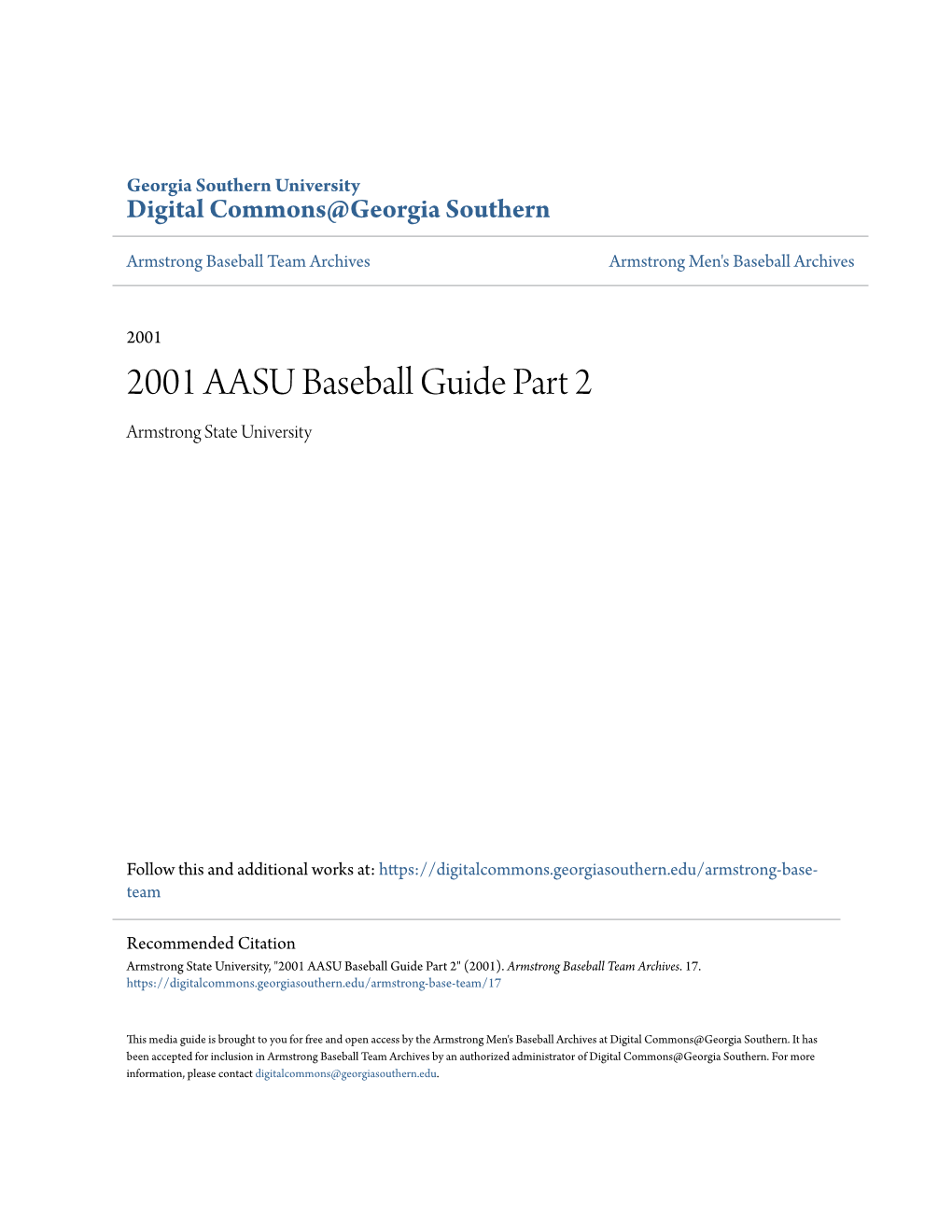 2001 AASU Baseball Guide Part 2 Armstrong State University