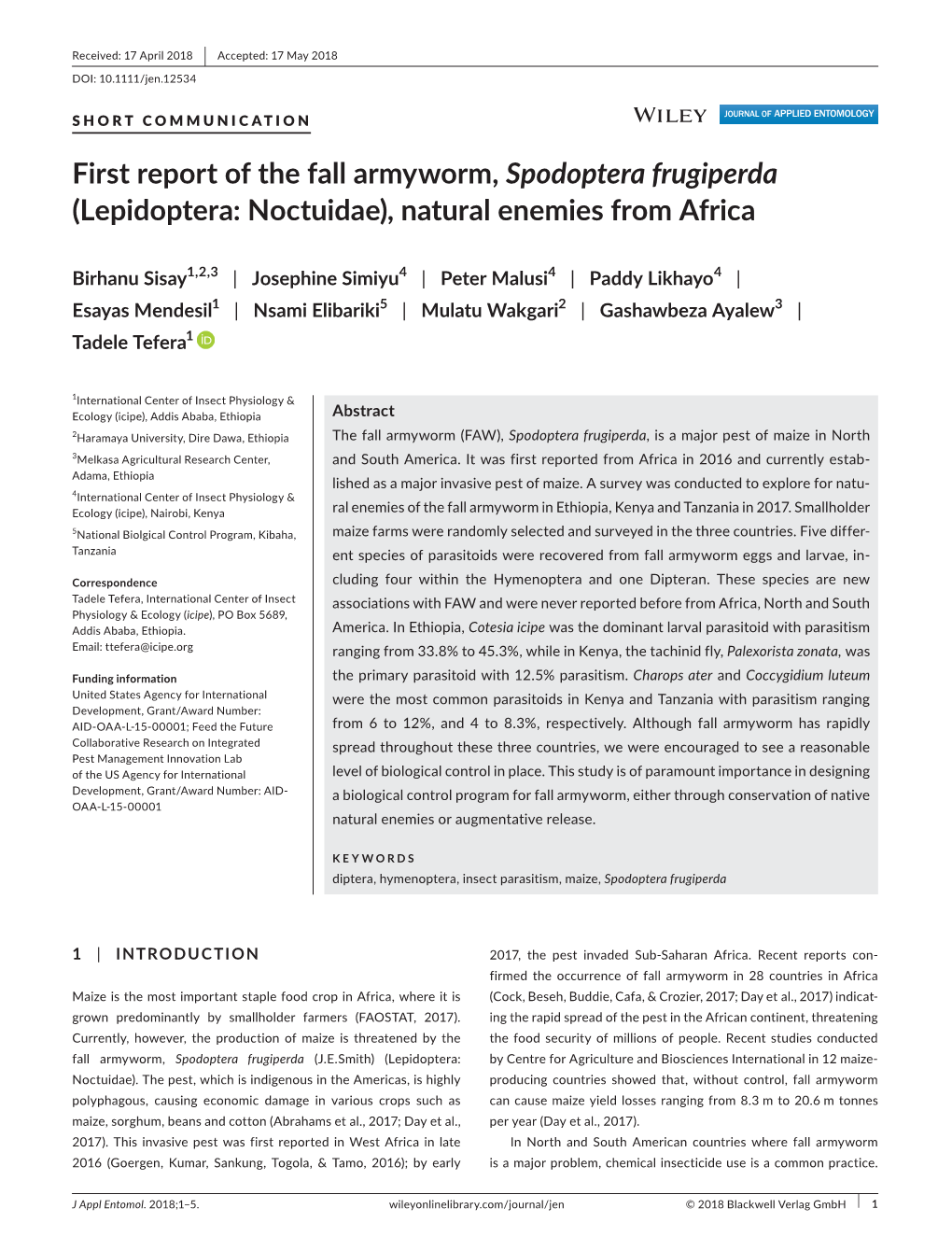 First Report of the Fall Armyworm, Spodoptera Frugiperda (Lepidoptera: Noctuidae), Natural Enemies from Africa