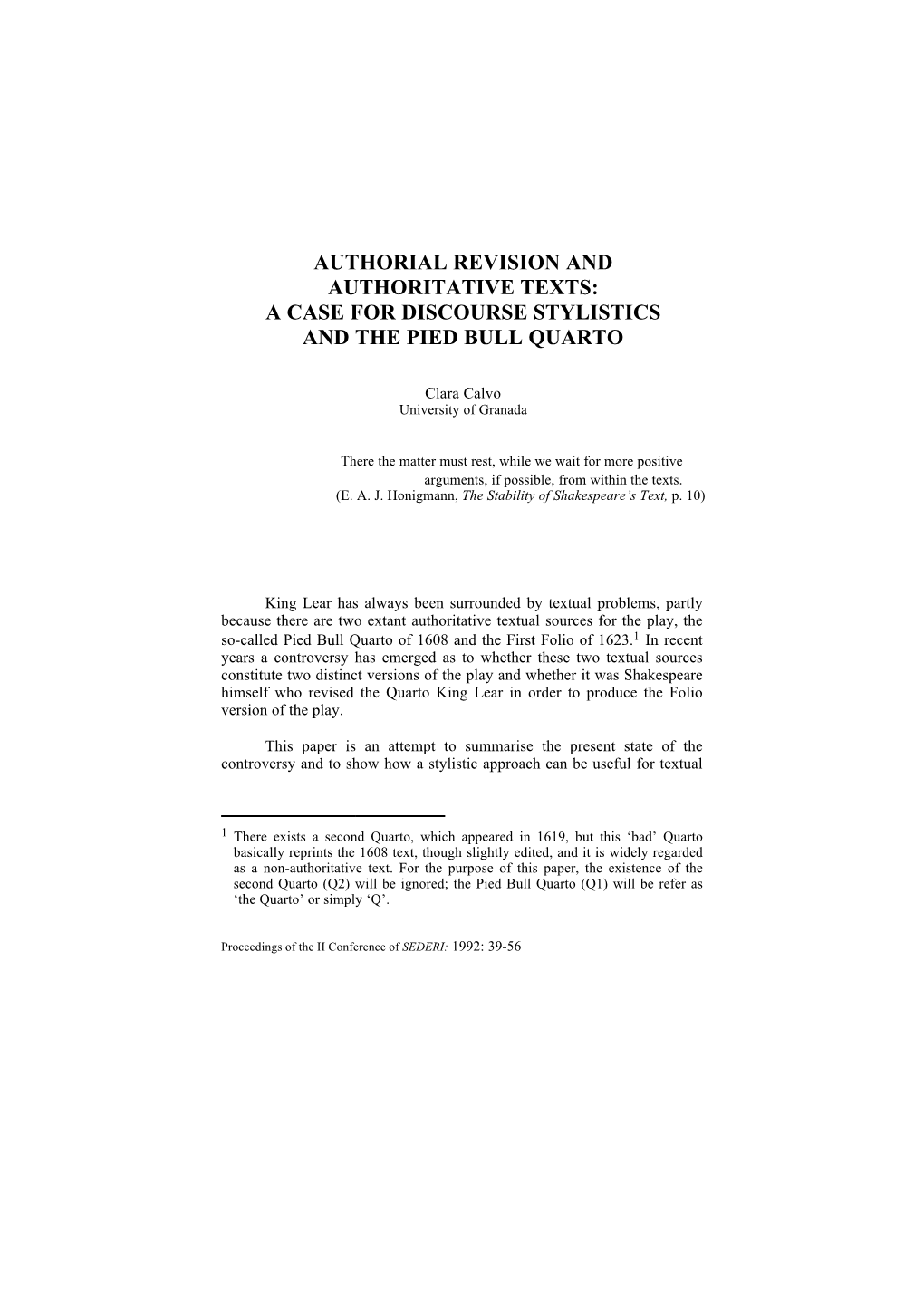 Authorial Revision and Authoritative Texts: a Case for Discourse Stylistics and the Pied Bull Quarto