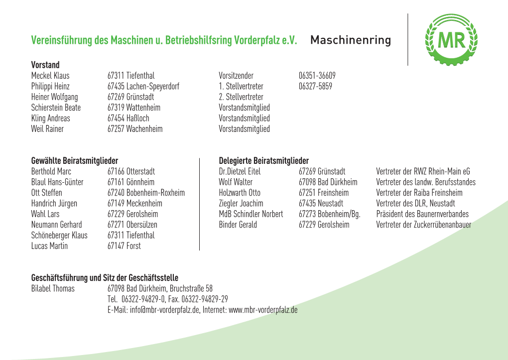 Vereinsführung Des Maschinen U. Betriebshilfsring Vorderpfalz E.V