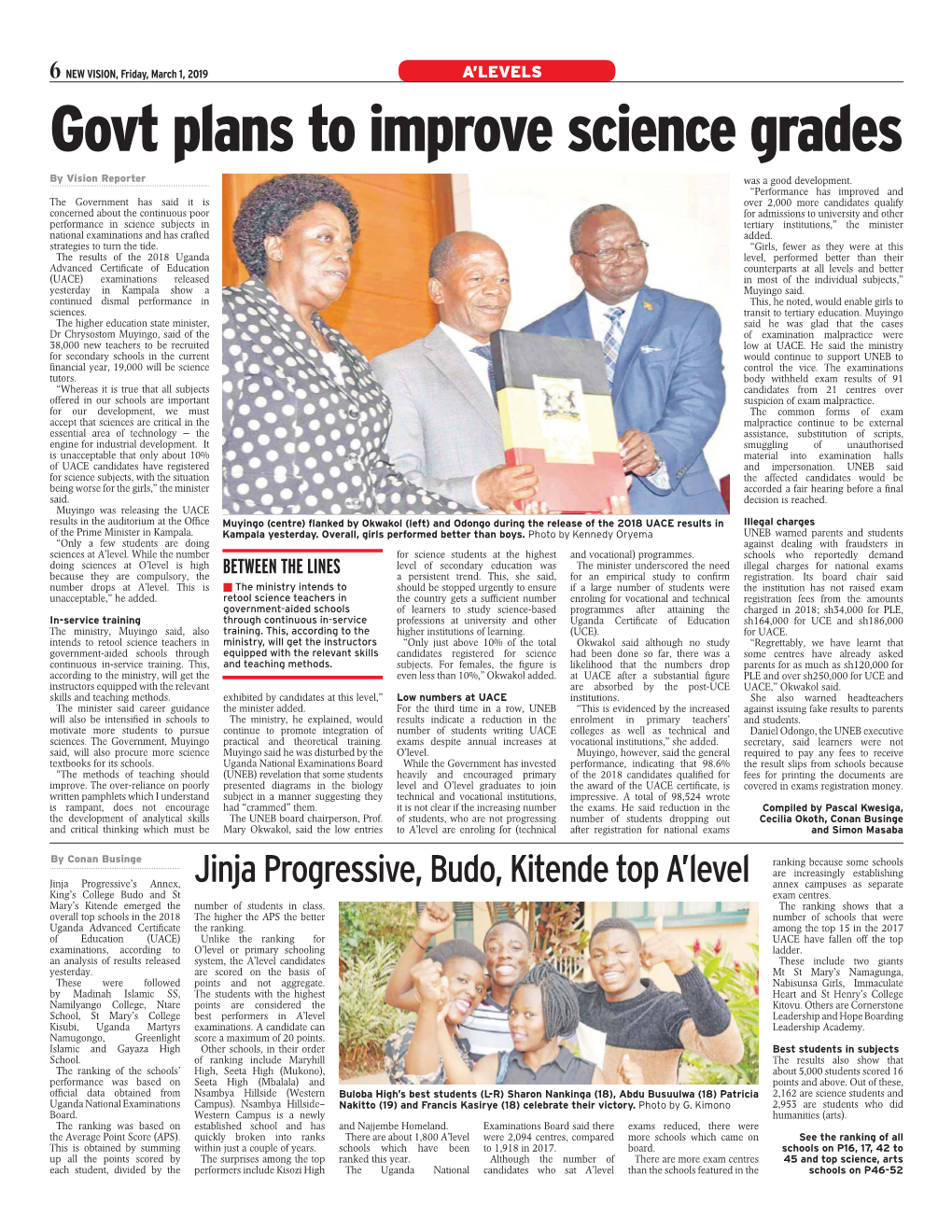 6 NEW VISION, Friday, March 1, 2019 A’LEVELS Govt Plans to Improve Science Grades