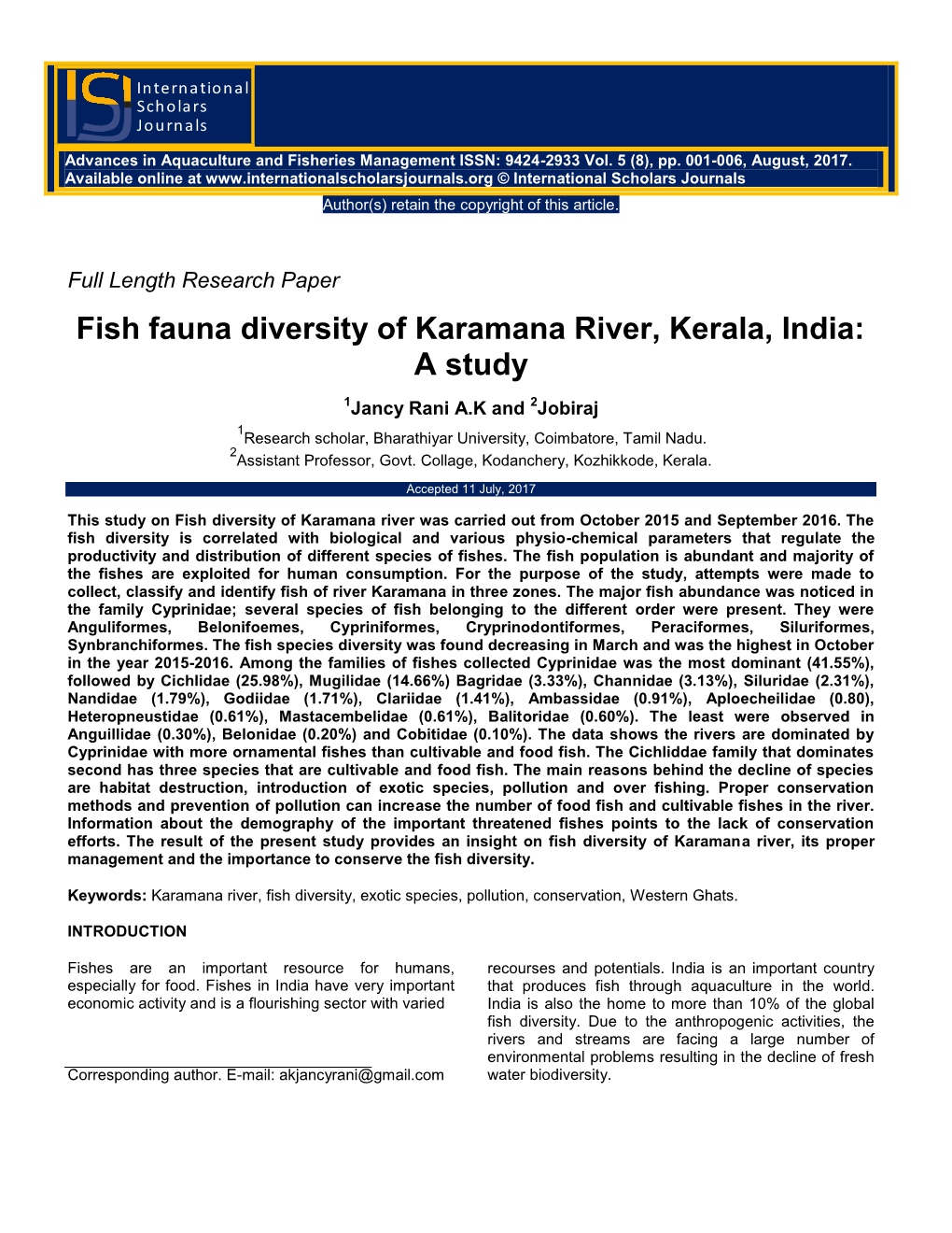 Fish Fauna Diversity of Karamana River, Kerala, India: a Study