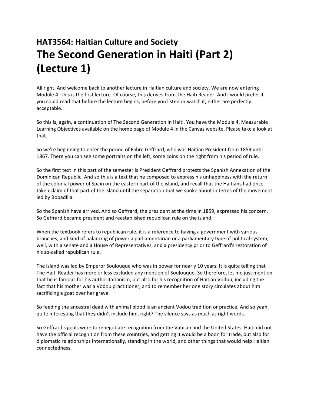 The Second Generation in Haiti (Part 2) (Lecture 1)