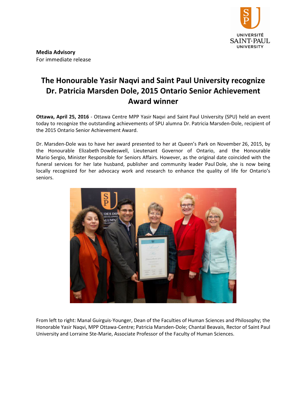 The Honourable Yasir Naqvi and Saint Paul University Recognize Dr