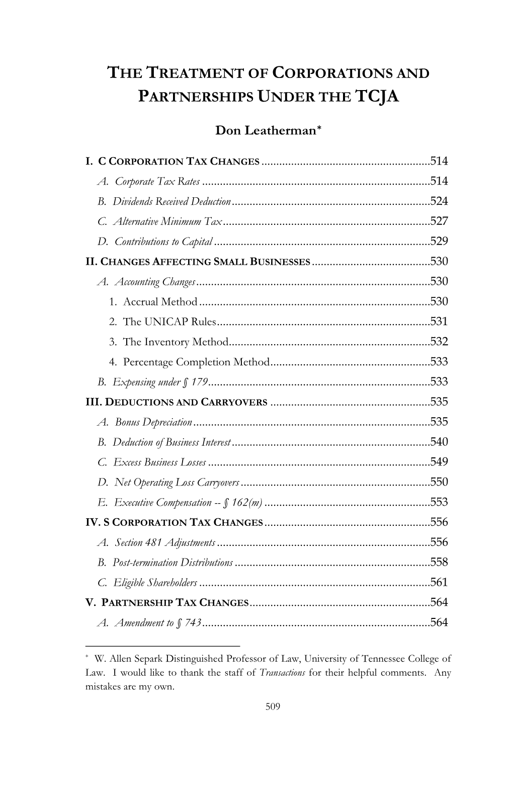 The Treatment of Corporations and Partnerships Under the Tcja