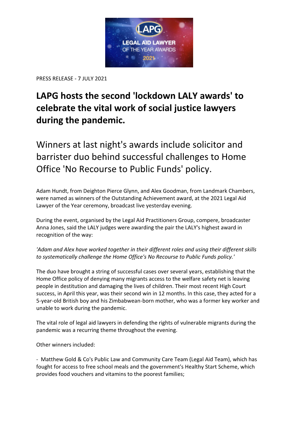 LAPG Hosts the Second 'Lockdown LALY Awards' to Celebrate the Vital Work of Social Justice Lawyers During the Pandemic