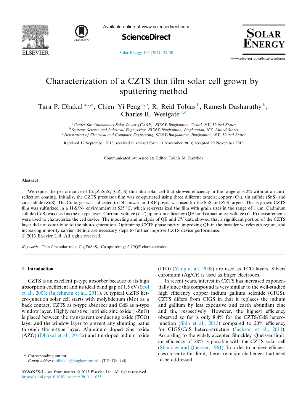 Characterization of a CZTS Thin Film Solar Cell Grown by Sputtering Method