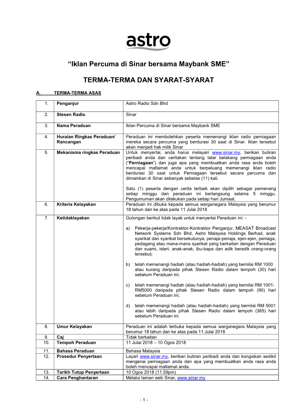 “Iklan Percuma Di Sinar Bersama Maybank SME” TERMA-TERMA DAN SYARAT-SYARAT