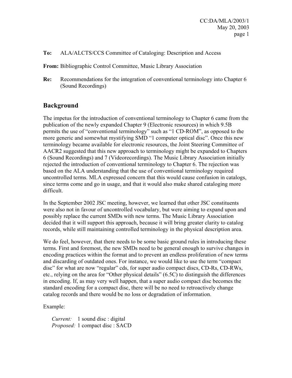 CC:DA/MLA/2003/1 May 20, 2003 Page 1