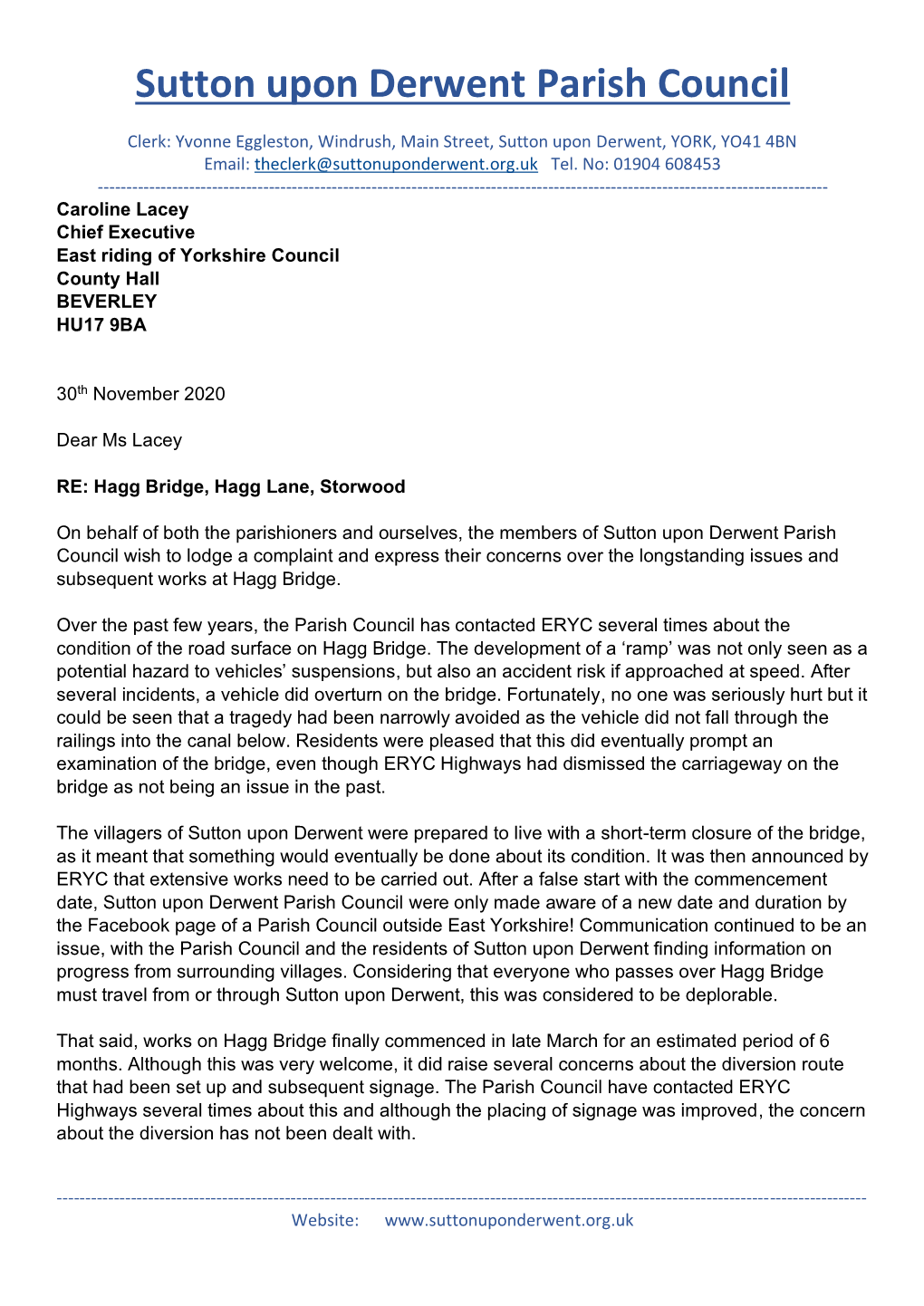 Parish Council Letter to East Riding