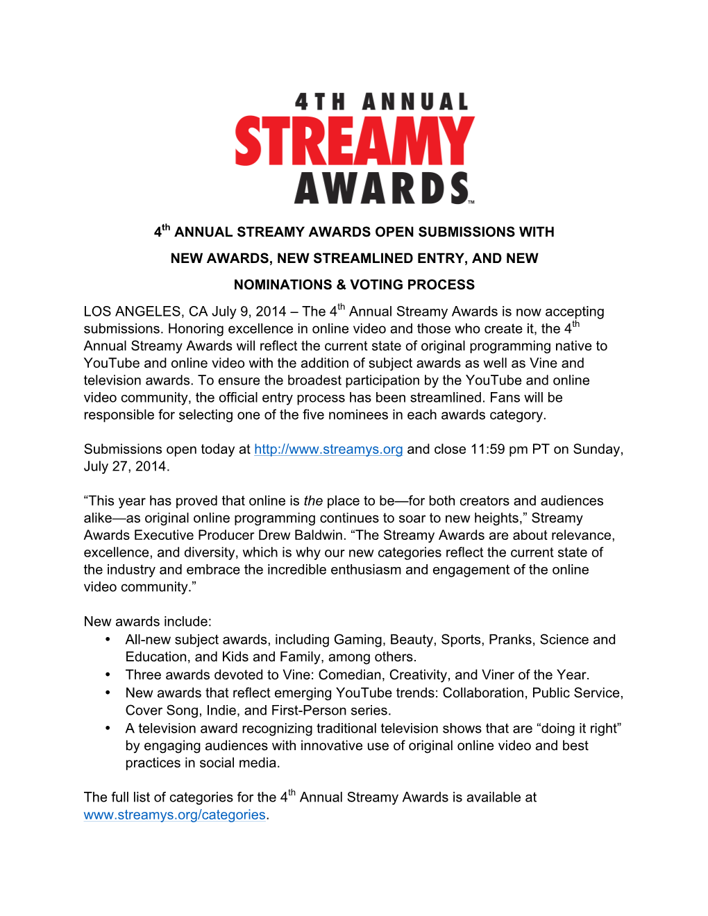 4Th ANNUAL STREAMY AWARDS OPEN SUBMISSIONS with NEW