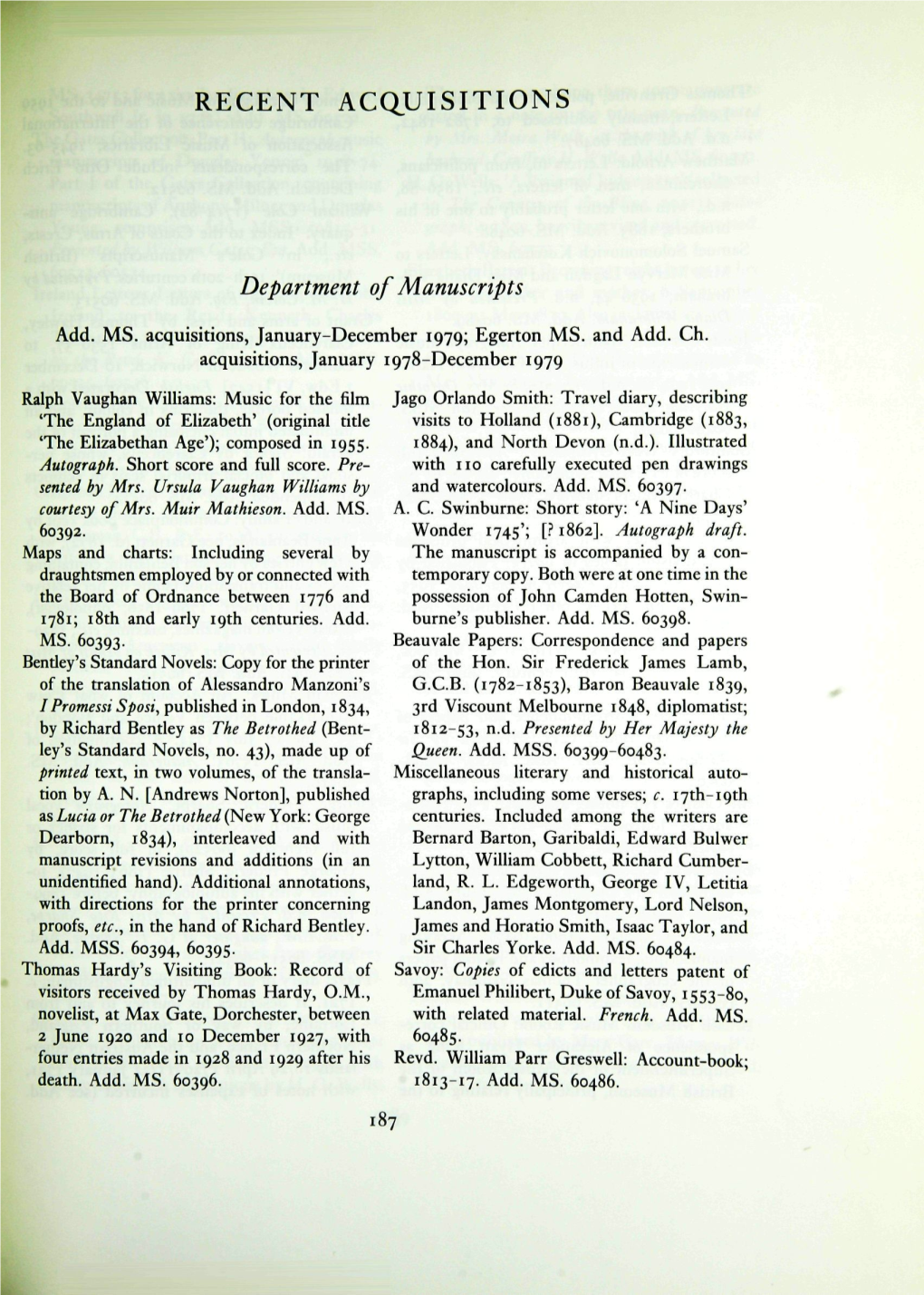 Department of Manuscripts: Add. MS. Acquisitions, January-December 1979
