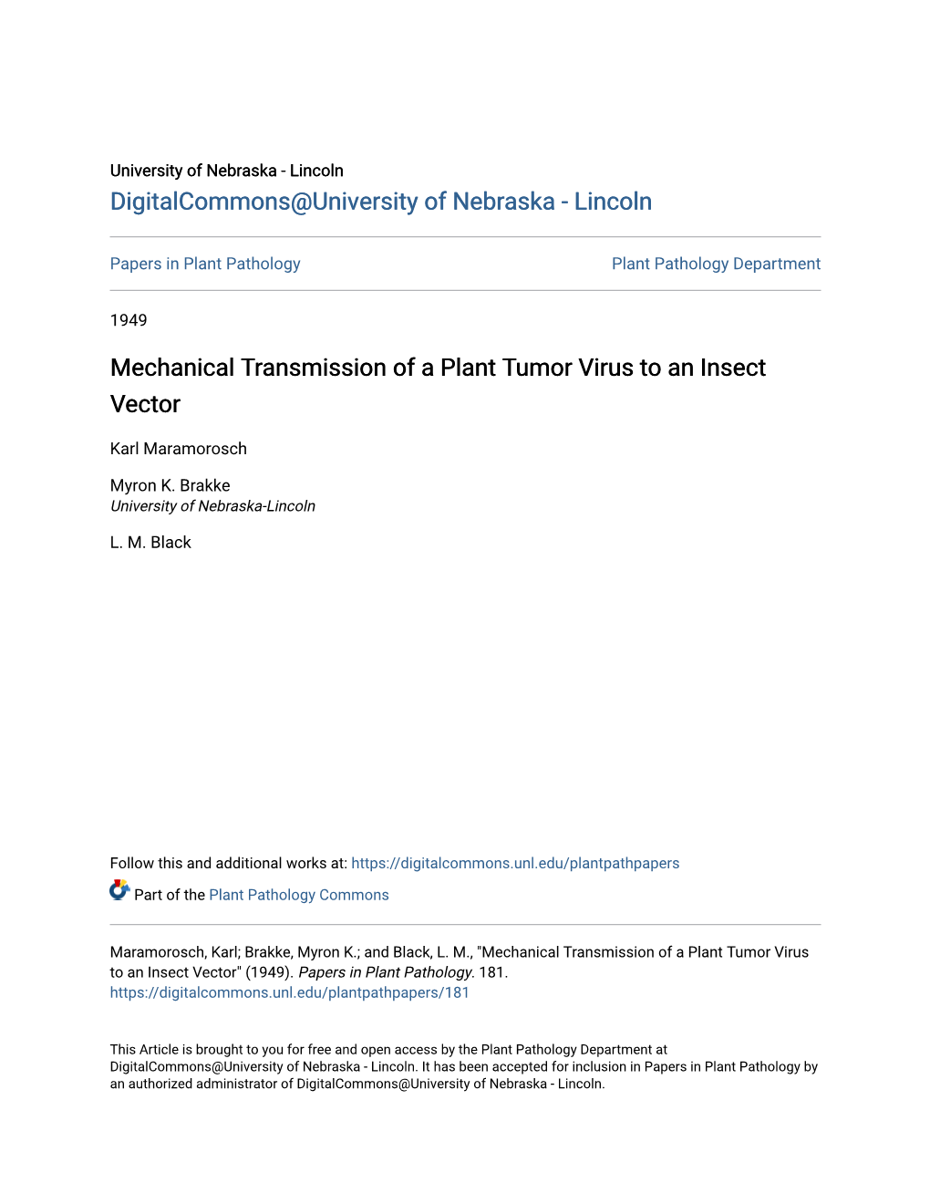 Mechanical Transmission of a Plant Tumor Virus to an Insect Vector