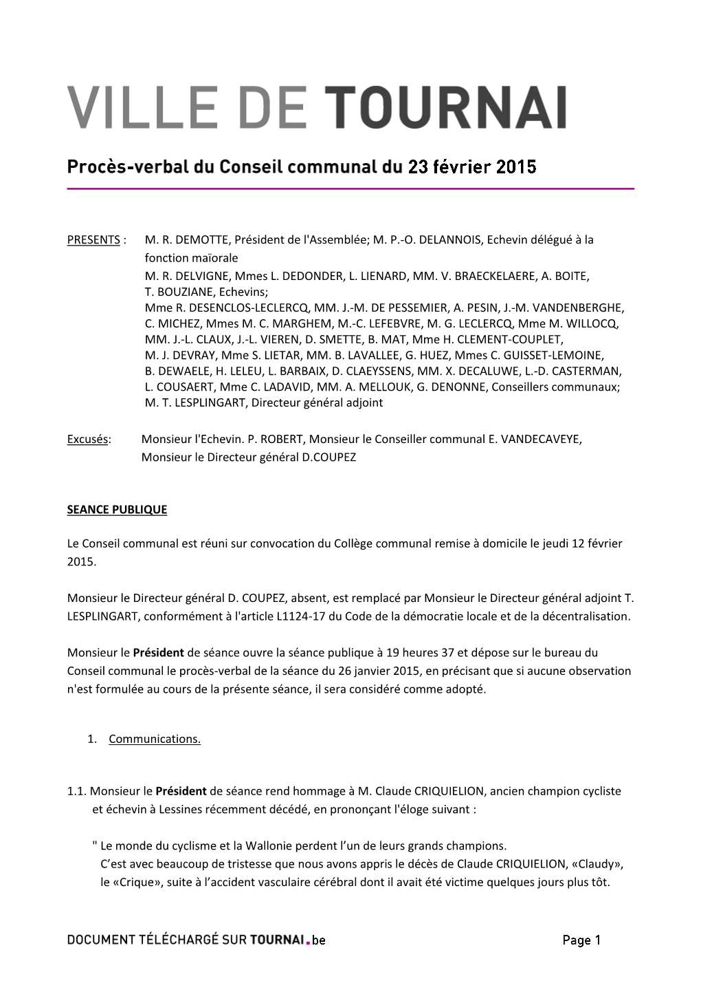 Procès-Verbal Du Conseil Communal Du 23 Février 2015