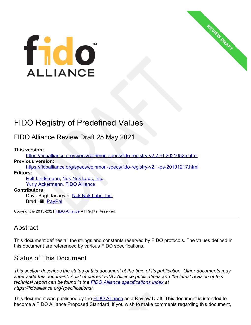 FIDO Registry of Predefined Values
