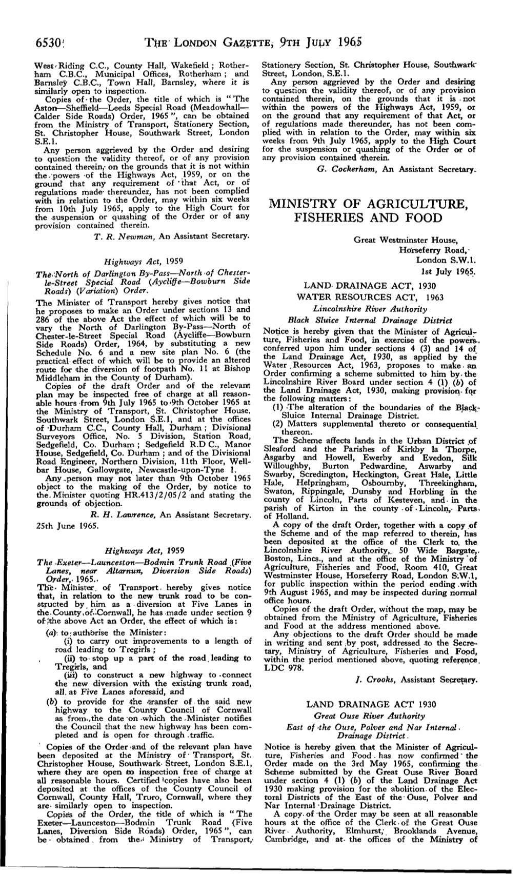 6530! the London Gazette, Qth July 1965 Ministry of Agriculture, Fisheries and Food