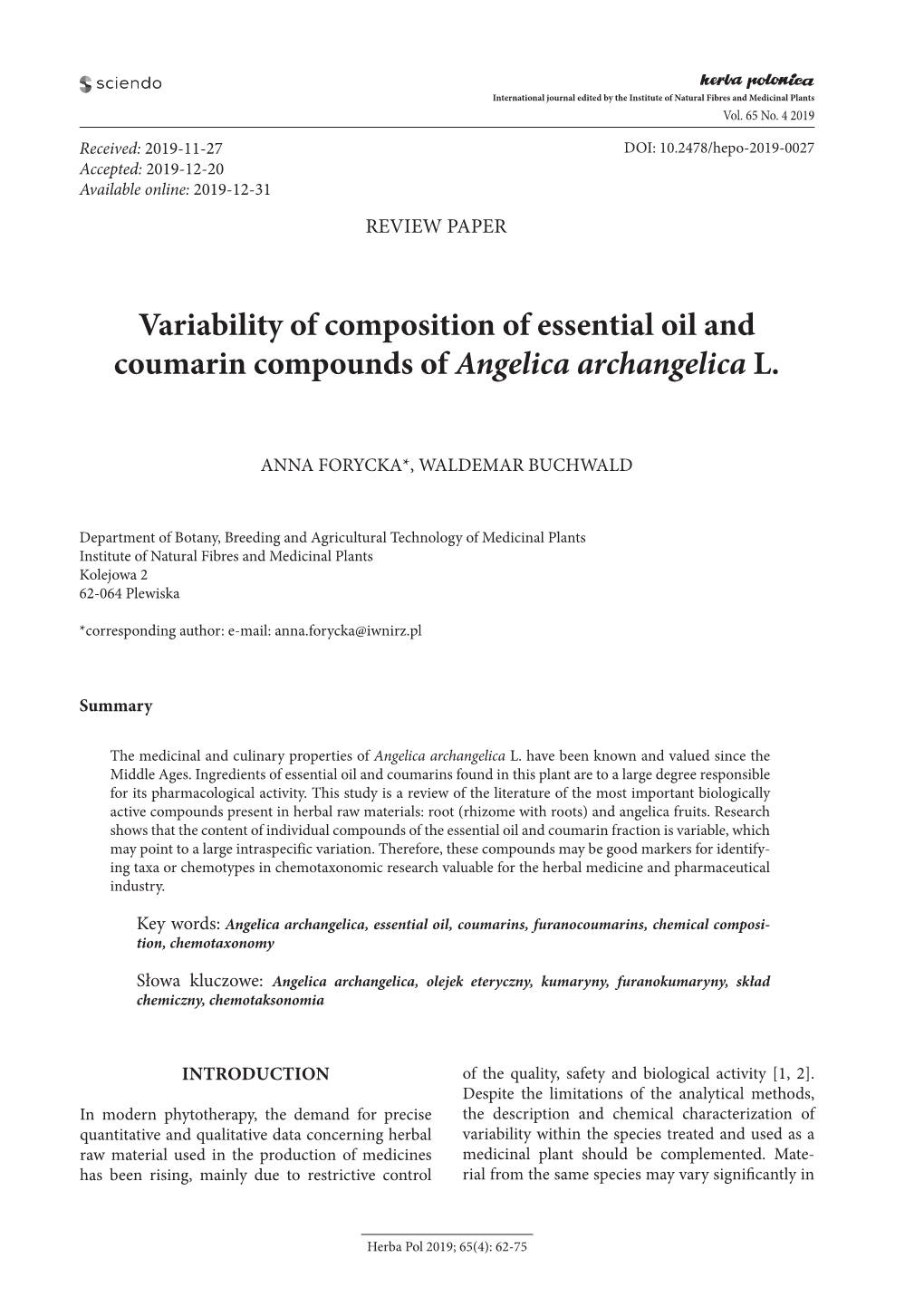 Variability of Composition of Essential Oil and Coumarin Compounds of Angelica Archangelica L