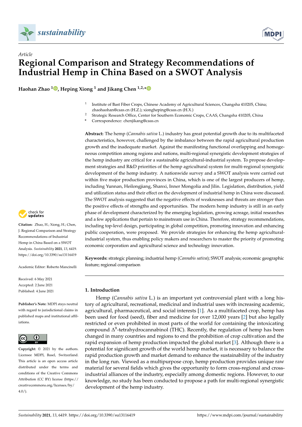 Regional Comparison and Strategy Recommendations of Industrial Hemp in China Based on a SWOT Analysis