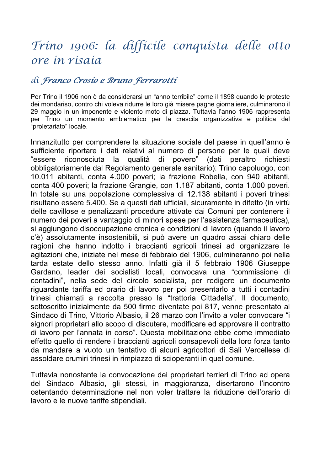 Trino 1906: La Difficile Conquista Delle Otto Ore in Risaia Di Franco Crosio E Bruno Ferrarotti