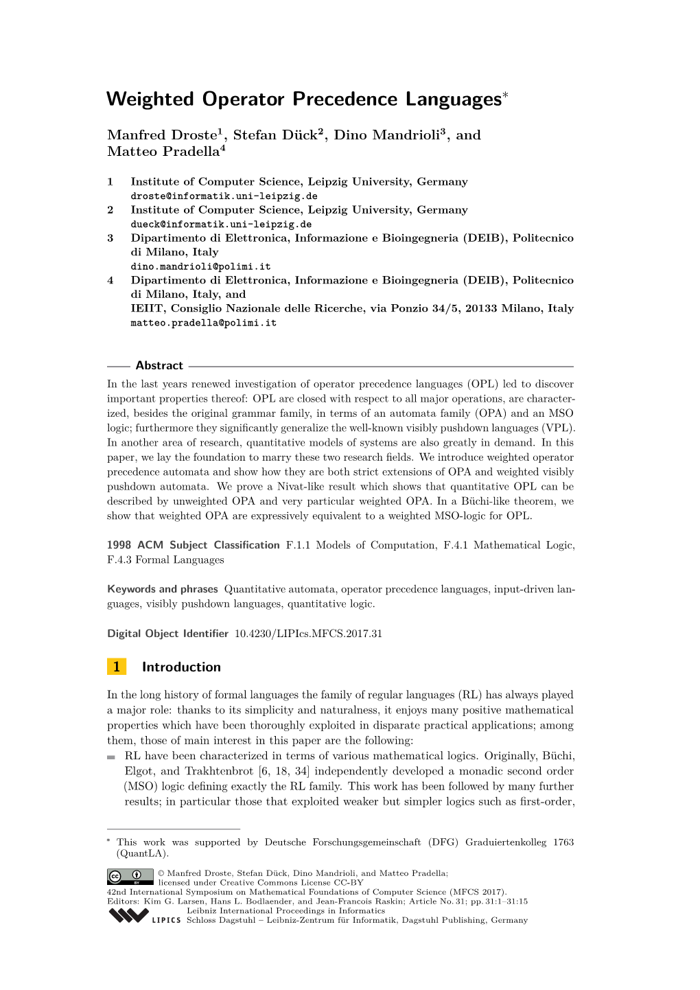 Weighted Operator Precedence Languages∗