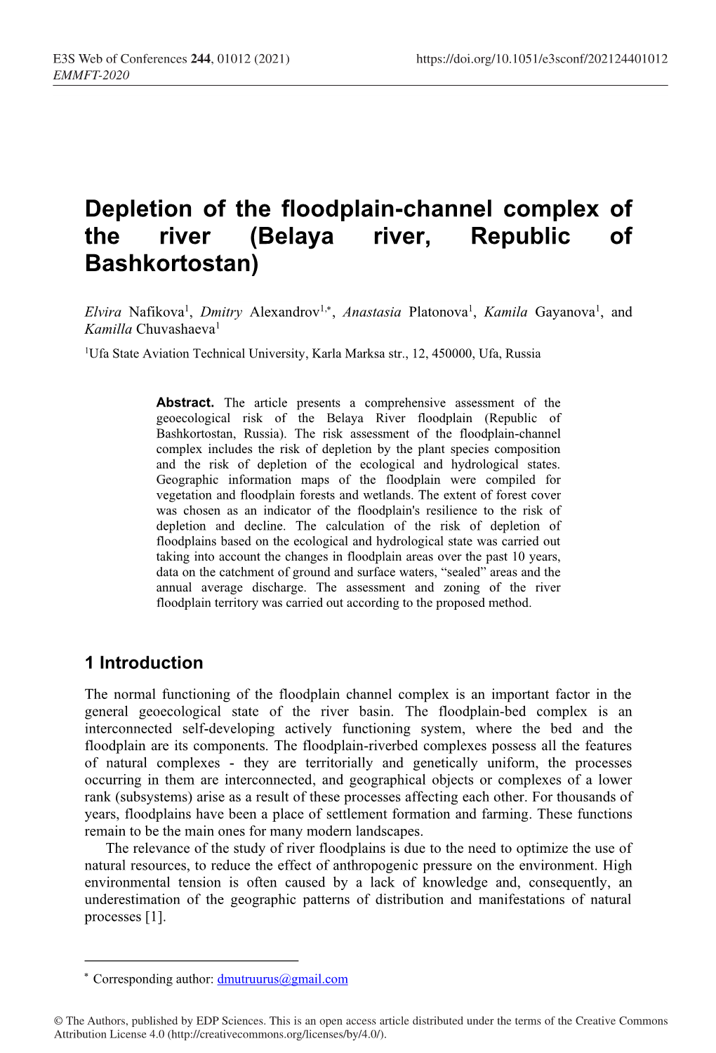 Depletion of the Floodplain-Channel Complex of the River (Belaya River, Republic of Bashkortostan)