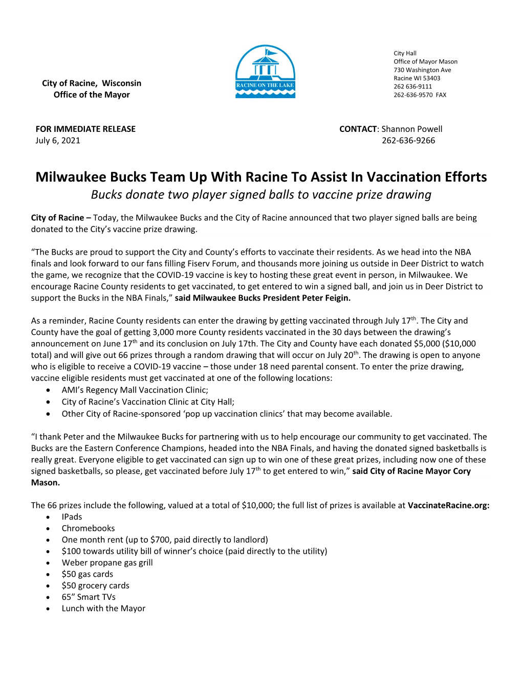 City of Racine: Milwaukee Bucks to Assist in Vaccination Efforts