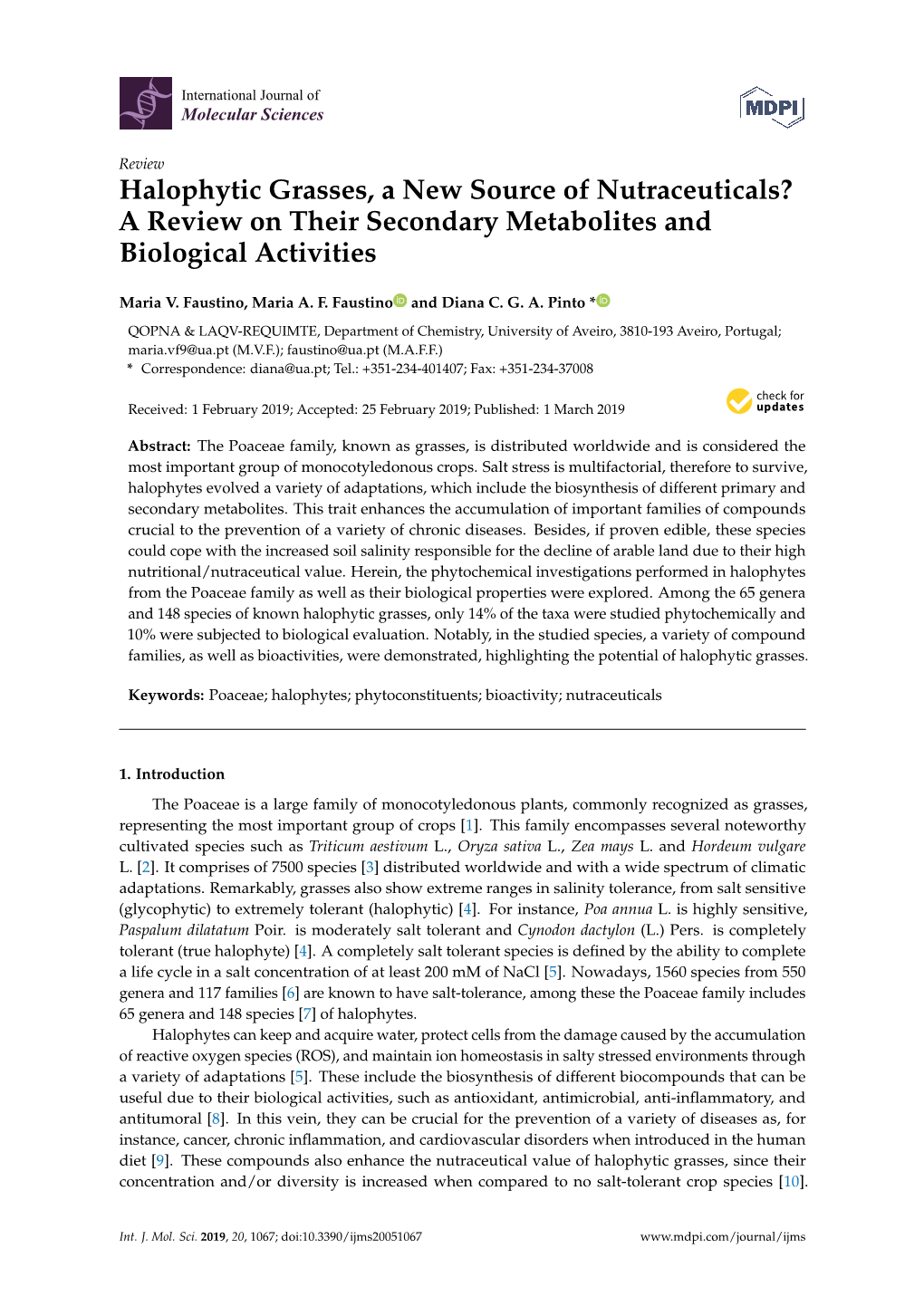 Halophytic Grasses, a New Source of Nutraceuticals? a Review on Their Secondary Metabolites and Biological Activities