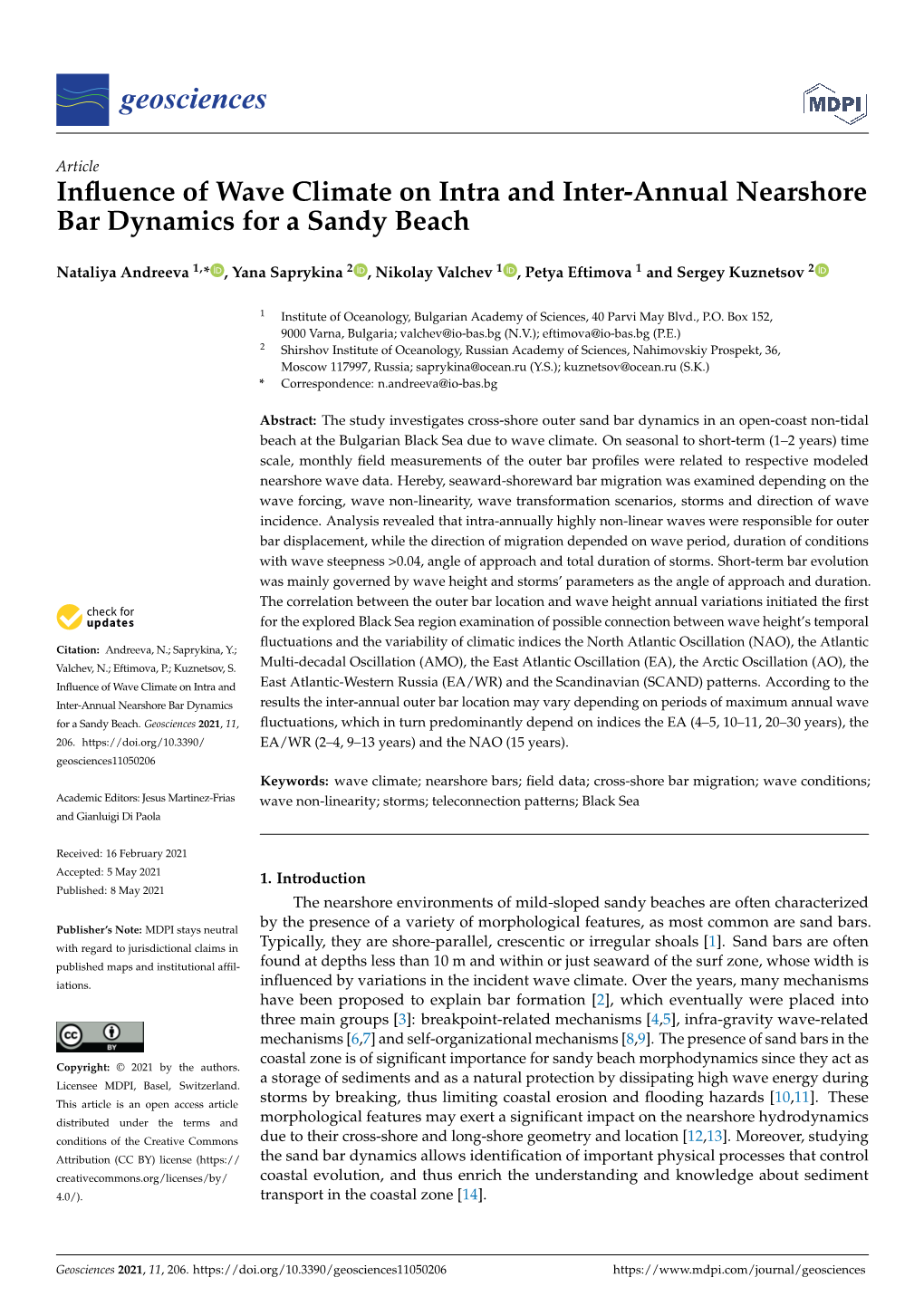 Influence of Wave Climate on Intra and Inter-Annual Nearshore Bar Dynamics for a Sandy Beach