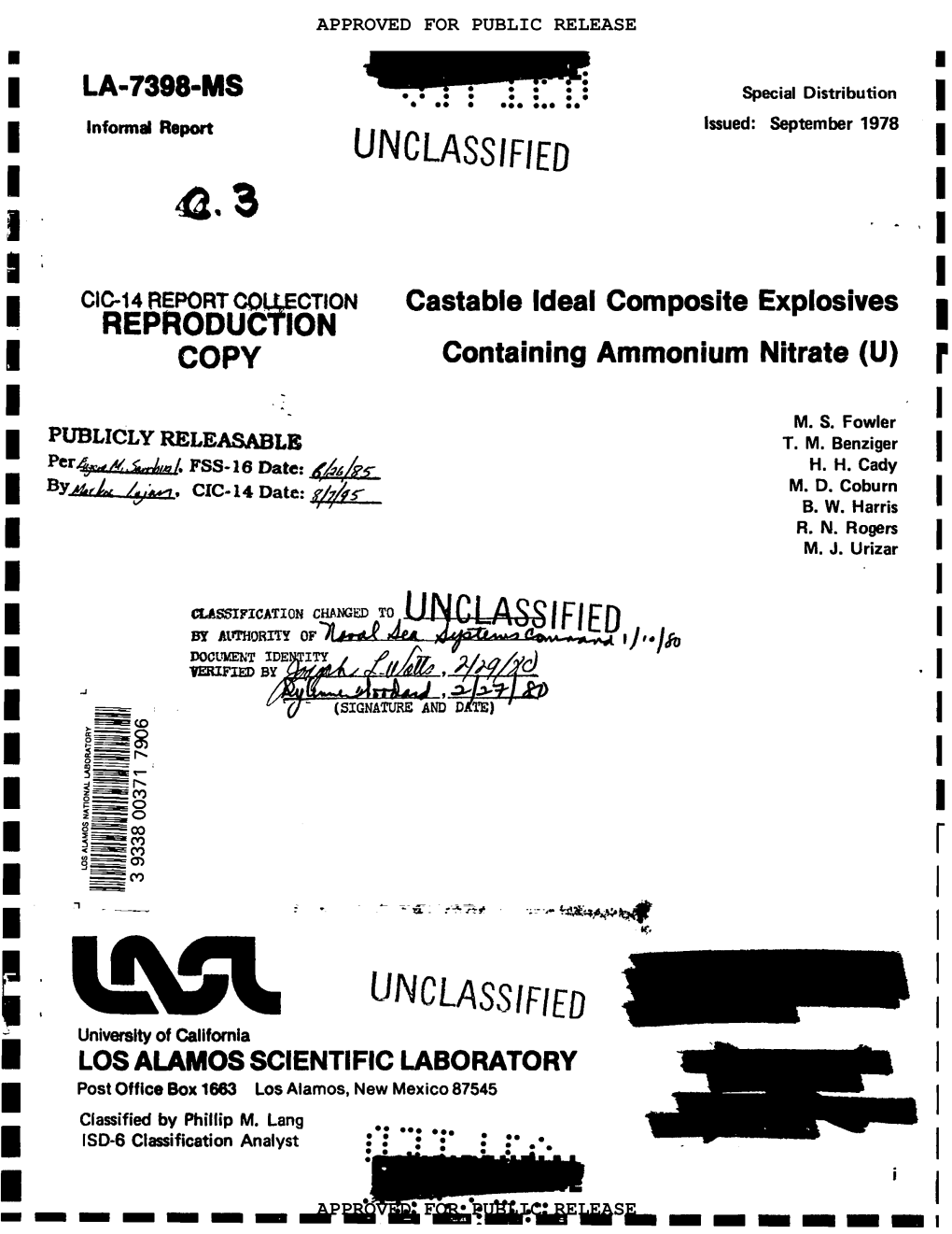 Uilimm● ● ● B : : :0 :00 0 I Informalreport Issued: Septemk 1978 UNCLASSIFIED I 42.3 1