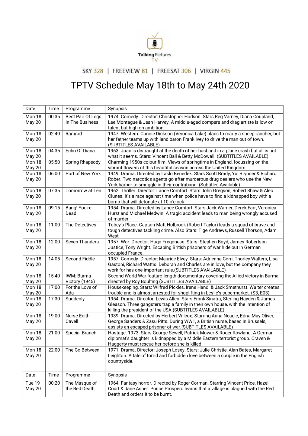 TPTV Schedule May 18Th to May 24Th 2020